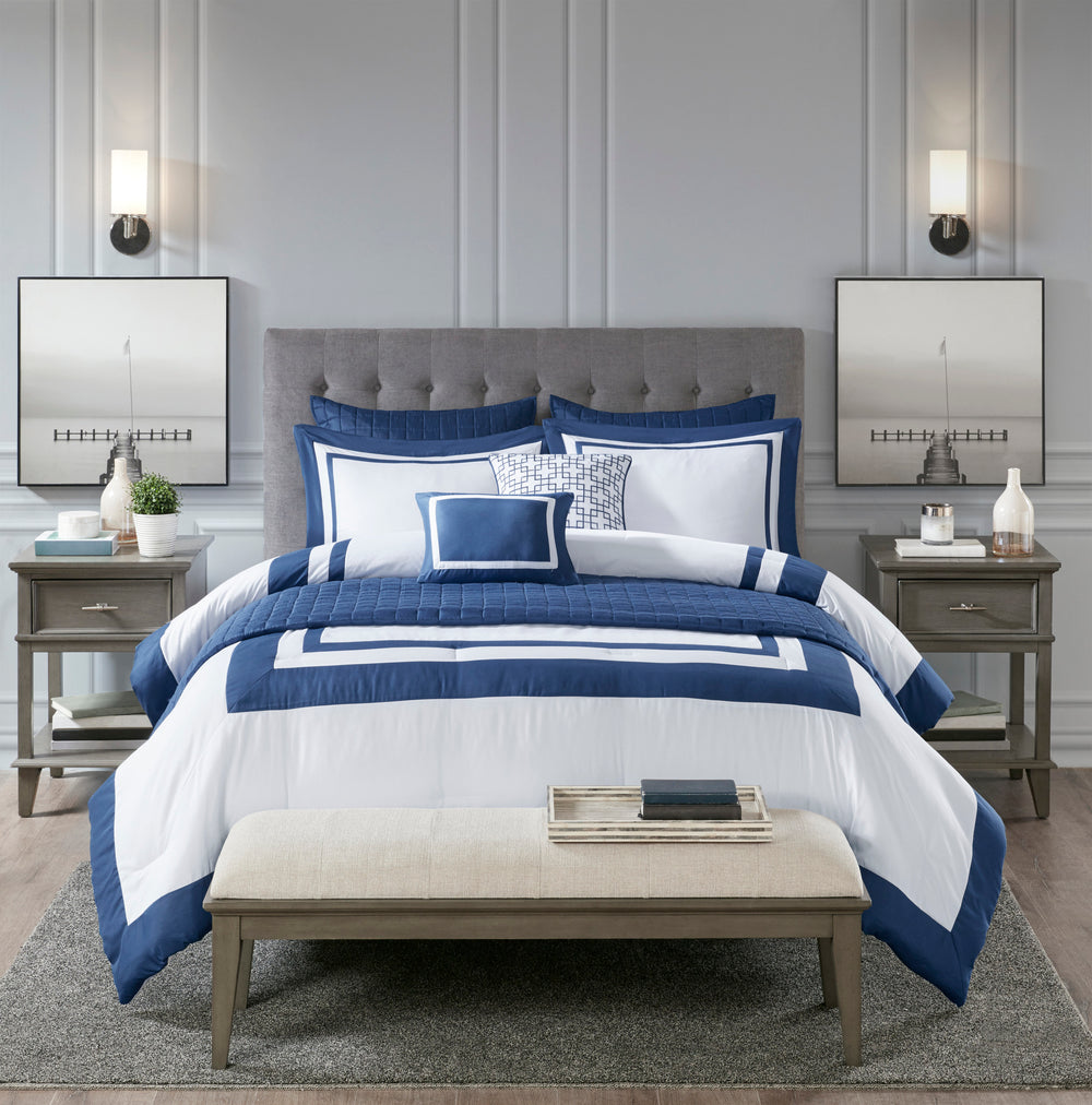 8 Piece Comforter and Quilt Set Collection Navy Full/Queen Media 3