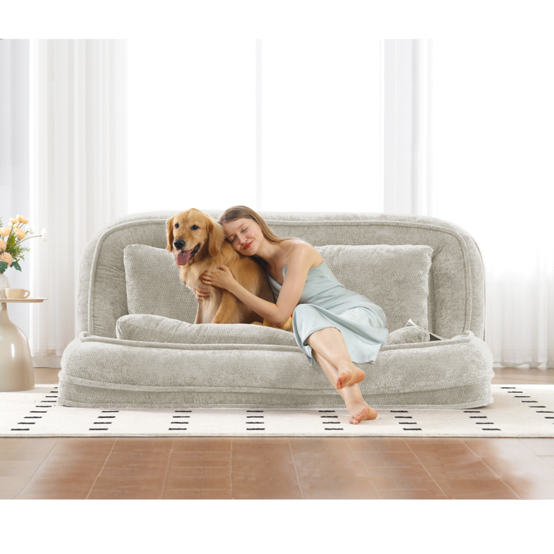 Pet Sofa Bed Chenille 2-In-1 Lounge Couch With 5 Adjustable Positions For People & Pets Beige