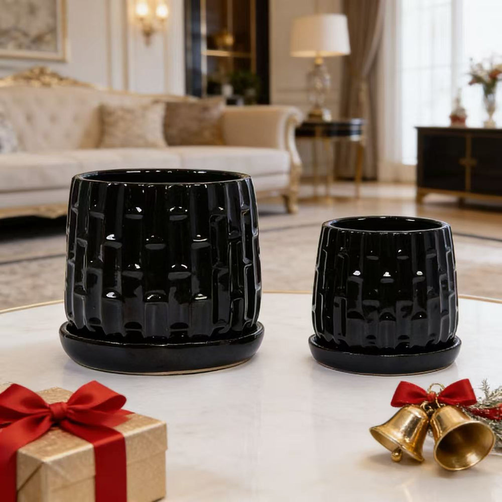 Handmade Ceramic Flower Pot with Groove Pattern, 6 & 8 Inch Diameter, Black Color for Orchids, Indoor/Outdoor Use on Windowsill & Bookshelf, Breathable Clay with Saucer Media 2
