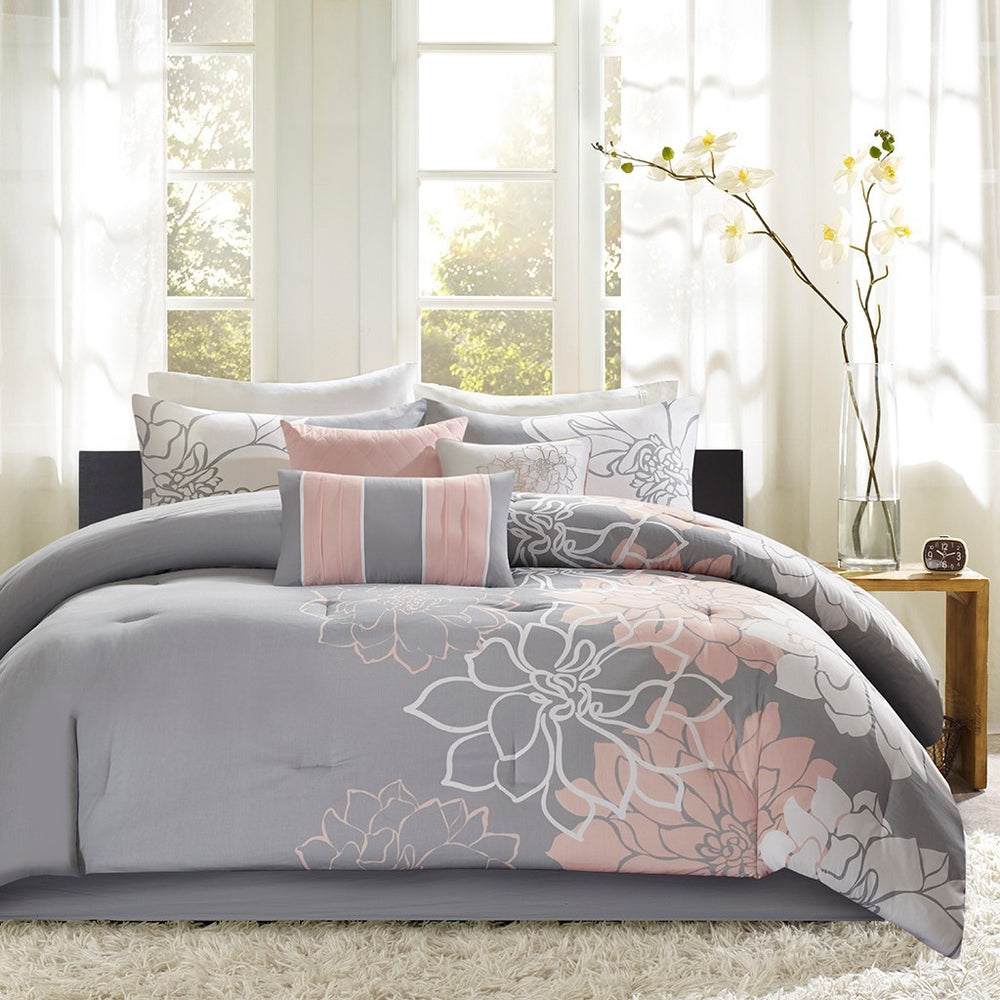 Printed Cotton Sateen Comforter Set Grey/Peach Queen Media 1