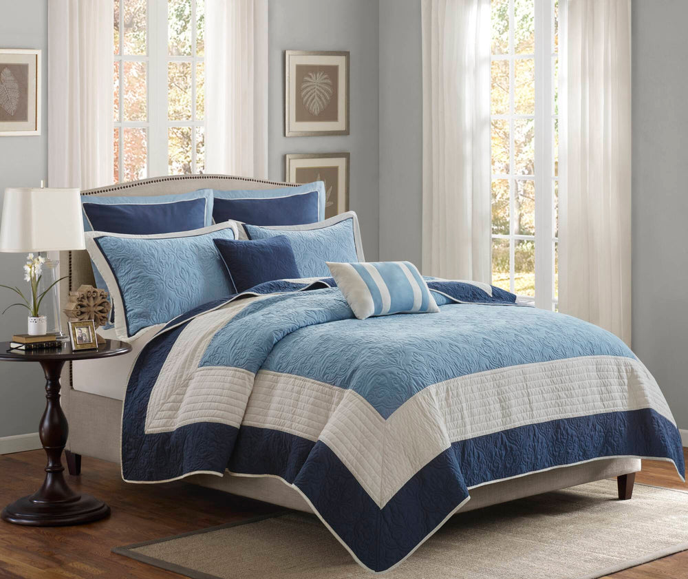 7-Piece Full/Queen 7 Piece Quilt Set with Euro Shams and Throw Pillows,Navy Media 10