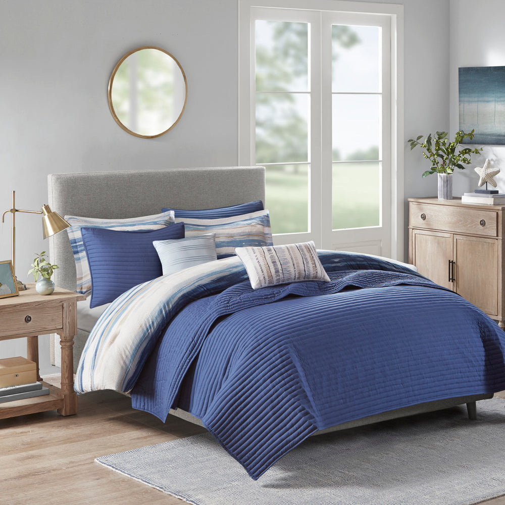8 Piece Printed Seersucker Comforter and Quilt Set Collection Blue King/Cal King Media 4