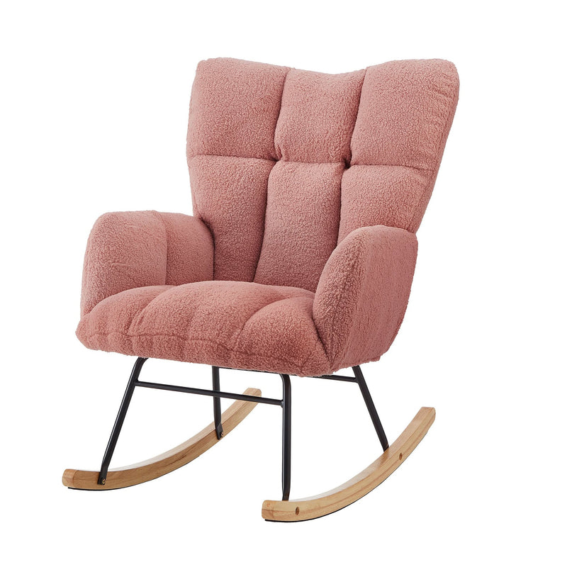 Glider Chair Teddy Fabric Pink With Sturdy Metal Frame For Living Room Comfort & Rocking Style
