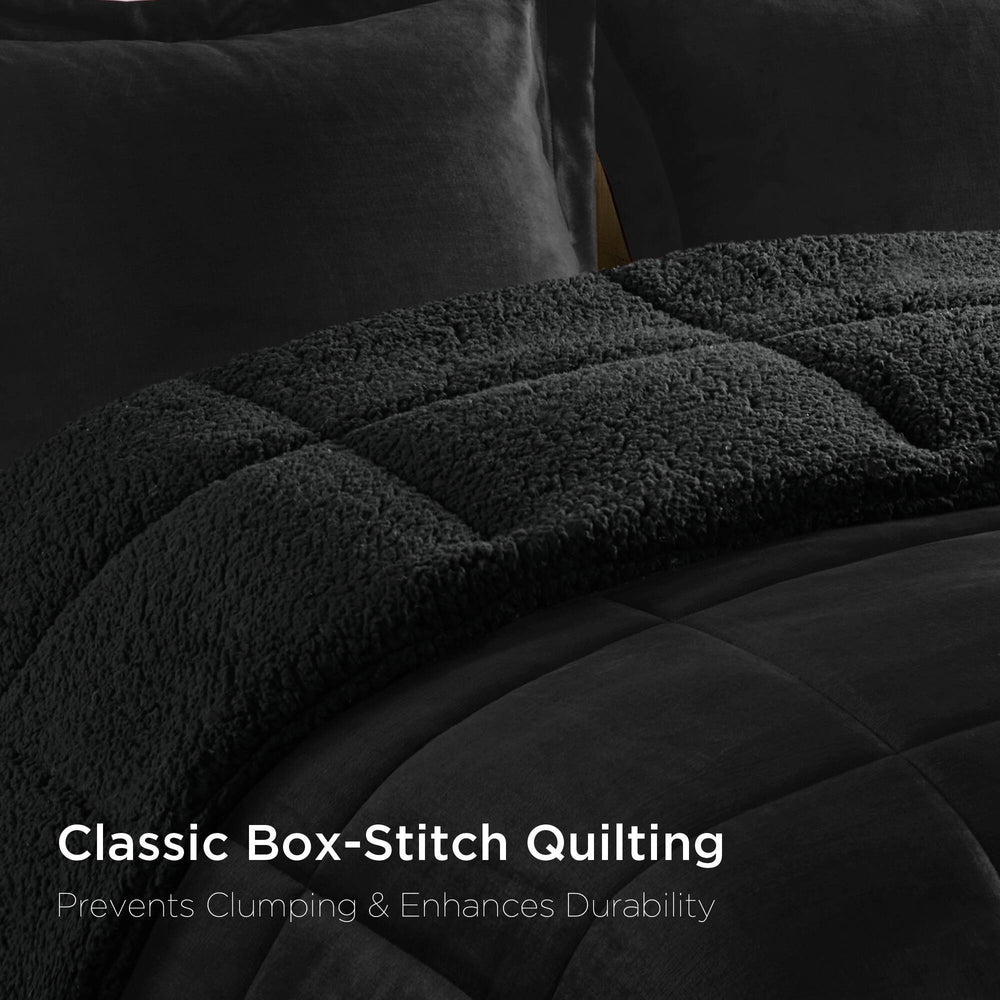 4-Piece Full/Queen Plush to Sherpa Down Alternative Comforter Set,Black/Black Media 16