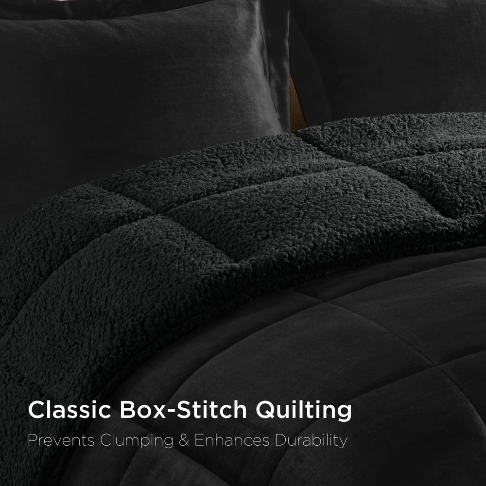 4-Piece Full/Queen Plush to Sherpa Down Alternative Comforter Set,Black/Black Media 16