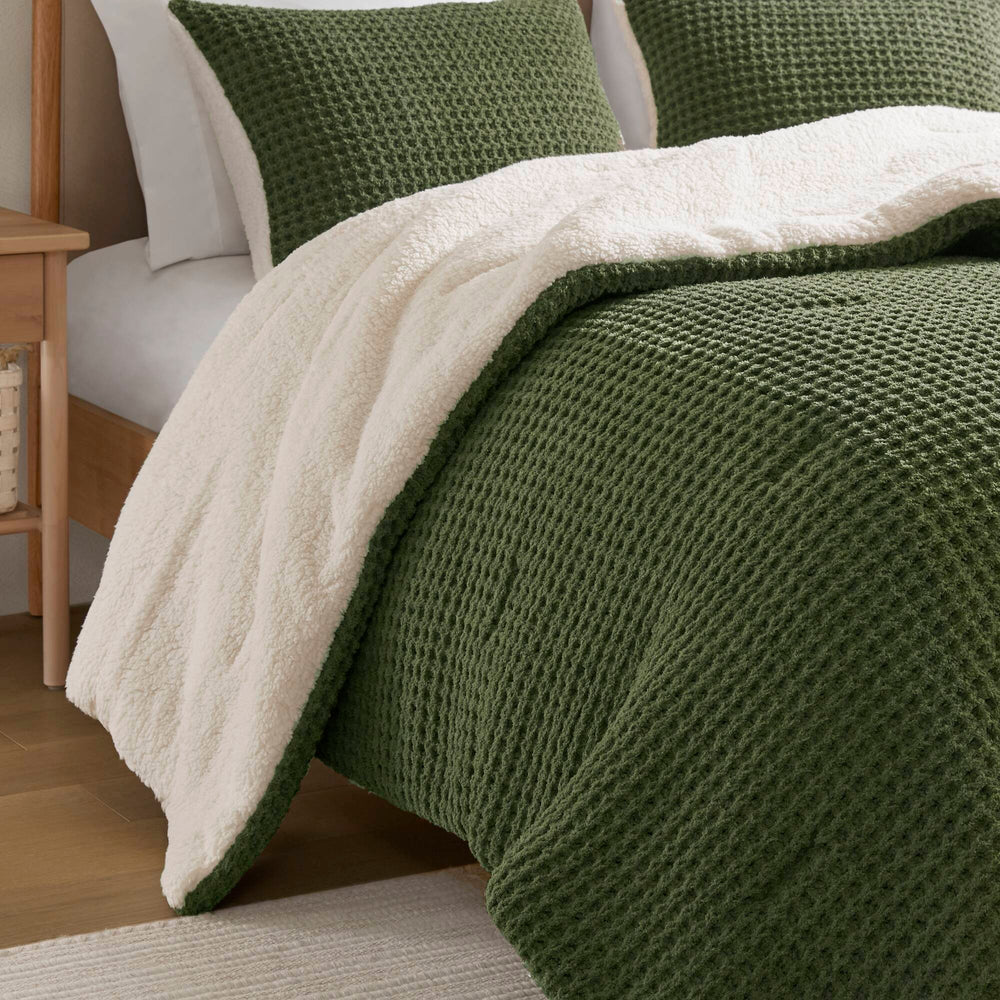 2 Pieces Twin Waffle Knit Chenille Comforter Set,Olive Media 12