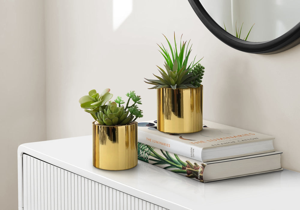 Artificial Plant, 7' Tall, Succulent, Indoor, Faux, Fake, Table, Greenery, Potted, Set Of 2, Decorative, Green Plants, Glossy Gold Pots Media 1