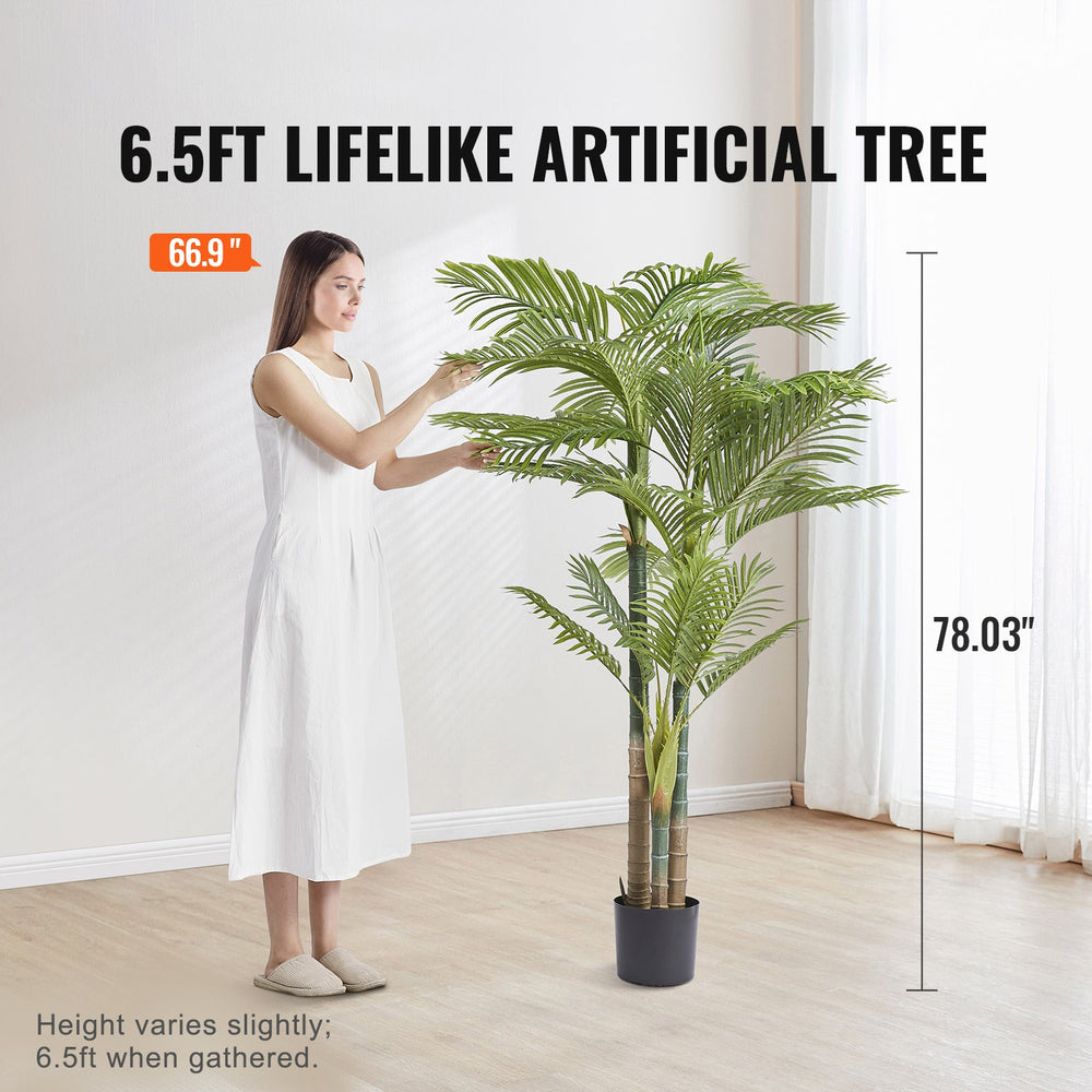 Artificial Gold Cane Palm Tree, 6.5 FT Tall Faux Plant, PE Material & Anti-Tip Tilt Protection Low-Maintenance Plant, Lifelike Green Fake Tree for Home Office Warehouse Decor Indoor Outdoor Media 2