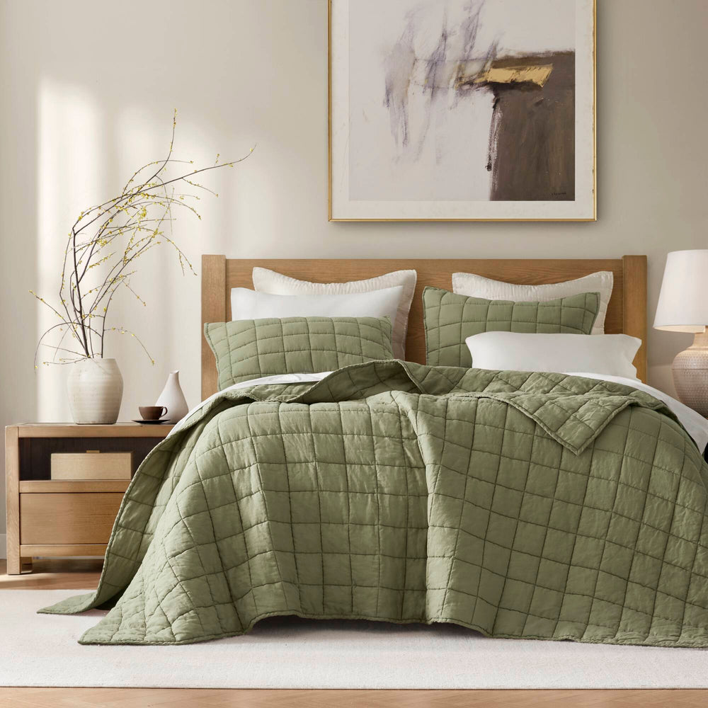 3-Piece Full/Queen Linen Garment Washed Quilt Set,Olive Green Media 1