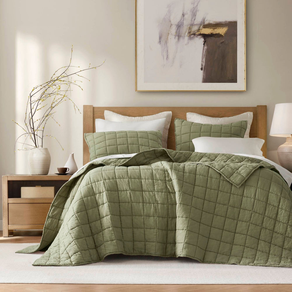 3-Piece Full/Queen Linen Garment Washed Quilt Set,Olive Green Media 1