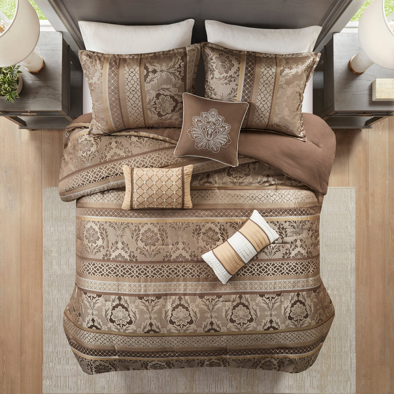 7 Piece Jacquard Comforter Set Brown/Gold Queen