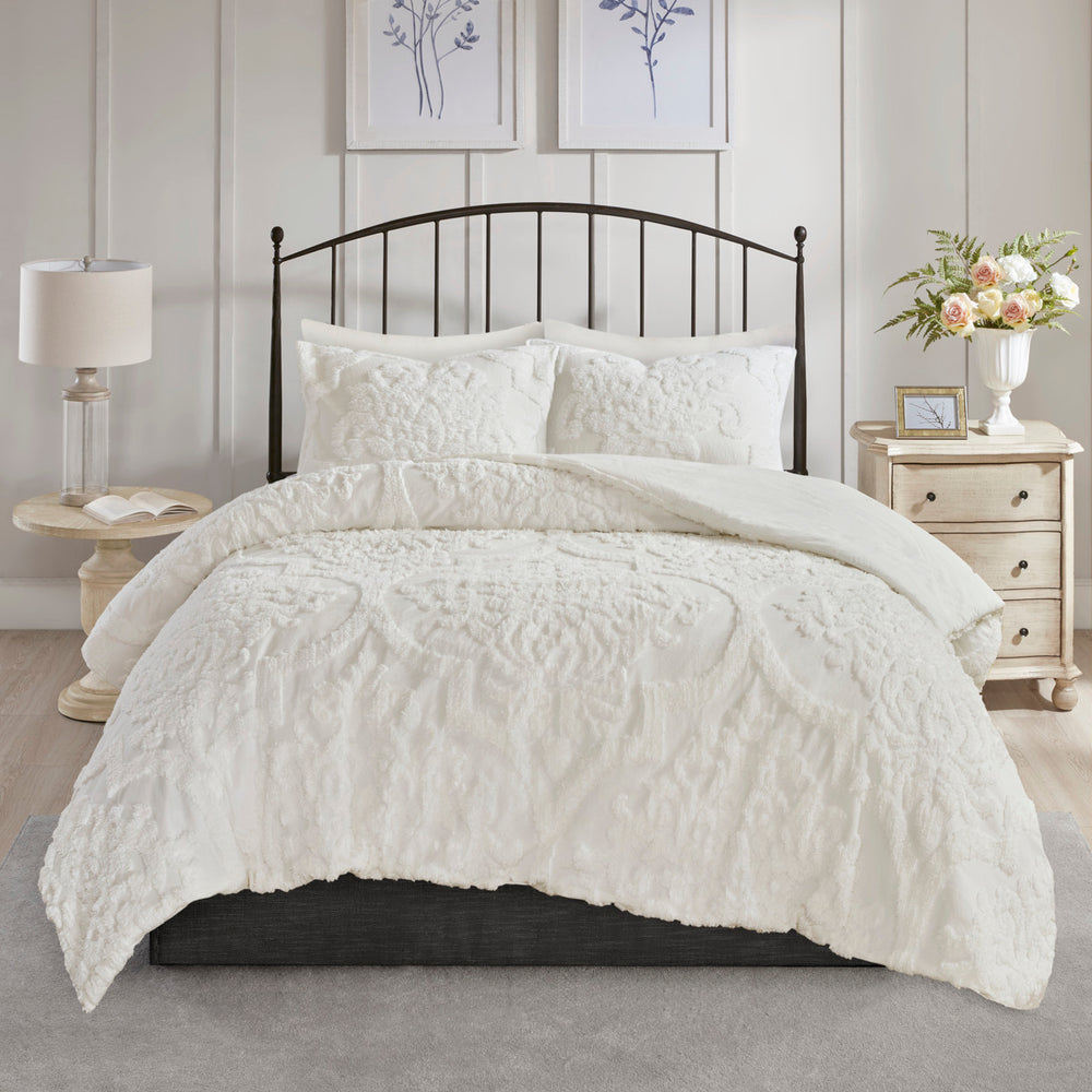 3 Piece Tufted Cotton Chenille Damask Comforter Set Off-White King/Cal King Media 2