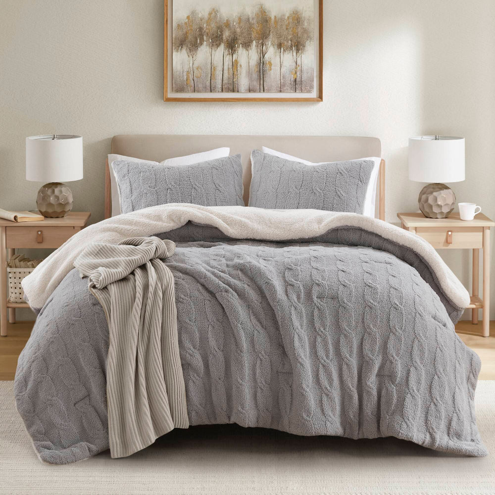 3 Pieces Full/Queen Cable Knit Chenille Comforter Set,Gray Media 17