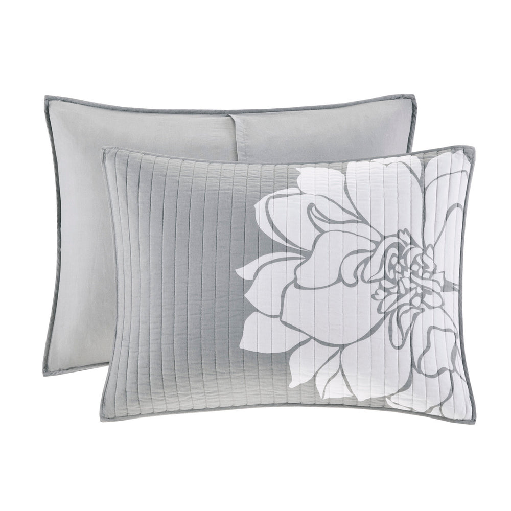6 Piece Printed Cotton Quilt Set with Throw Pillows Grey/Peach Full/Queen Media 9