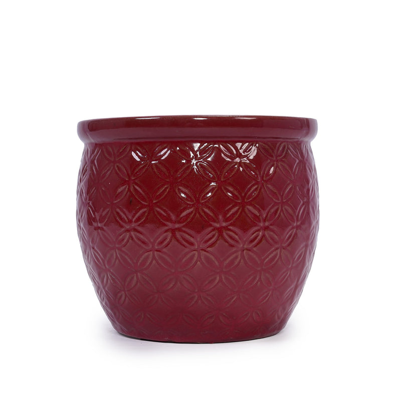 Handmade Ceramic Flower Pot Set of 3, 15/12/10 Inch Diameter, Deep Red with Floral Embossed Pattern, for Orchids Indoor/Outdoor Use on Windowsill & Bookshelf, Breathable Clay
