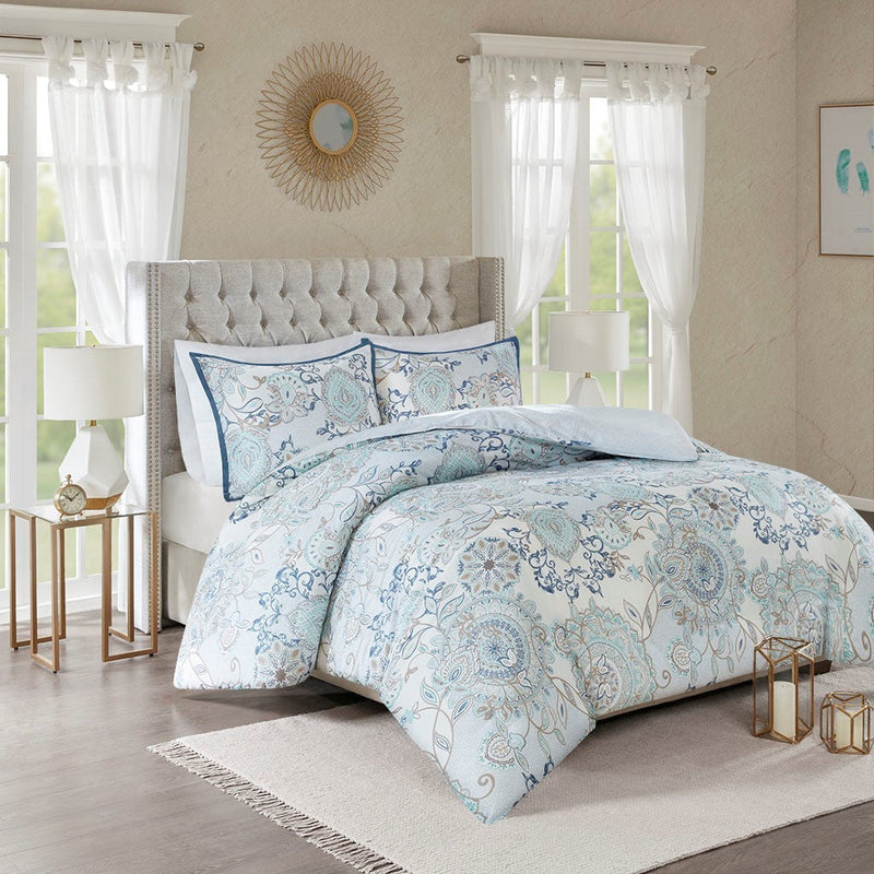 Full/Queen 3 Piece Cotton Floral Printed Reversible Duvet Cover Set