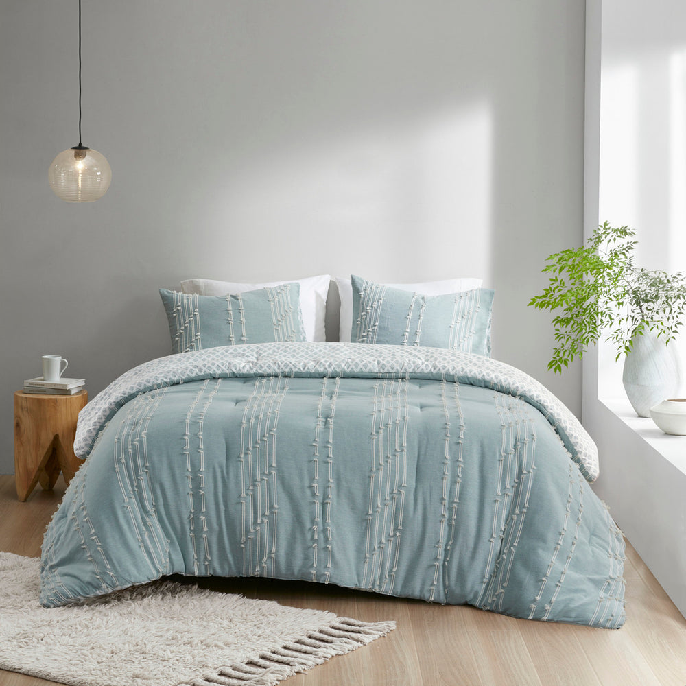 3 Piece Cotton Jacquard Comforter Set Aqua Full/Queen Media 17
