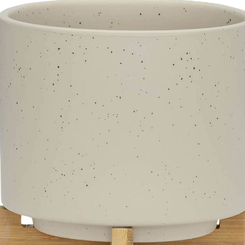 S/2 5/8' PLANTER W/ WOOD STAND, MATTE BEIGE