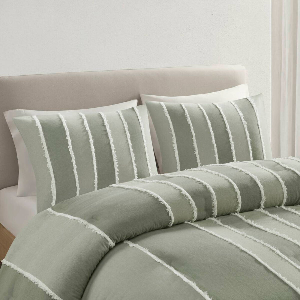 3 Piece Striped Cotton Comforter Set Sage Full/Queen Media 15