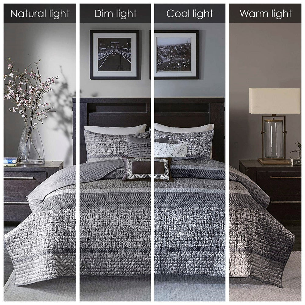 6 Piece Reversible Jacquard Quilt Set with Throw Pillows Grey/Taupe King/Cal King Media 19