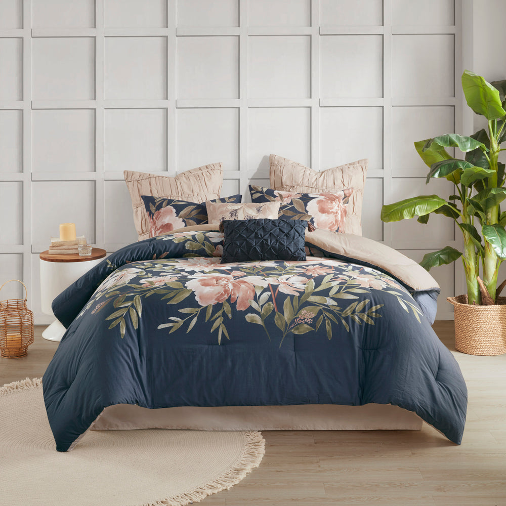 8 Piece Cotton Comforter Set Navy Queen Media 12