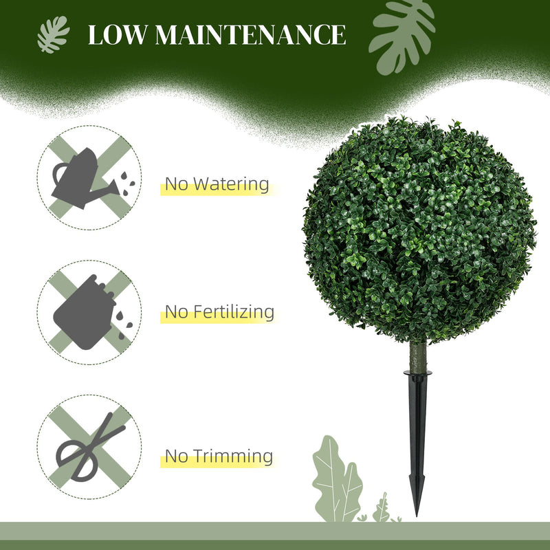 HOMCOM 1.3' (15.7') Artificial Boxwood Topiary Trees with Ground Stake, UV Resistant Set of 2 Ball Shaped Trees, Indoor Outdoor Fake Plants for Home Office & Living Room Décor