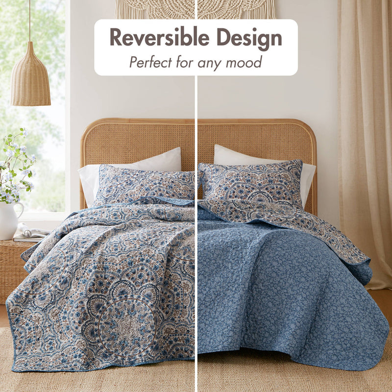 3-Piece Full/Queen Boho Floral Reversible Quilt