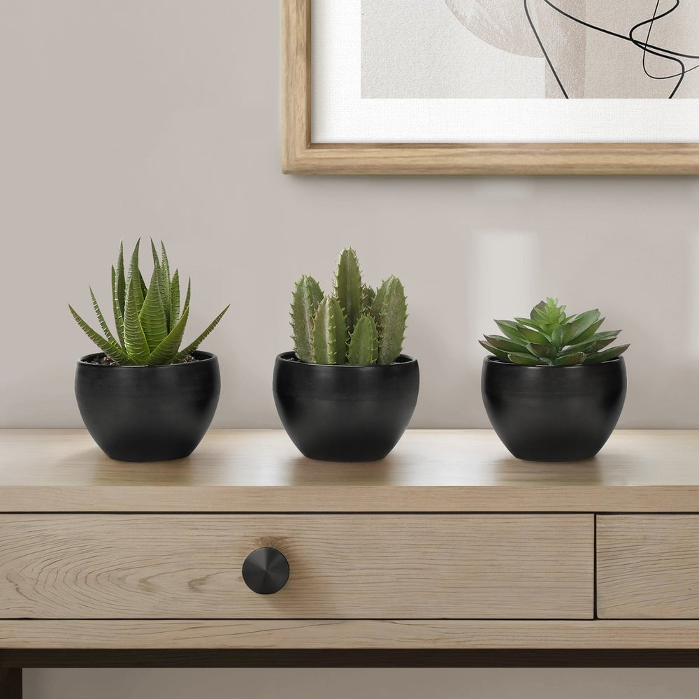 Artificial Succulent Plants Set of 3, 6' Tall, Green Faux Indoor Decor in Black Melamine Pots, Tabletop Greenery for Home Office Media 2