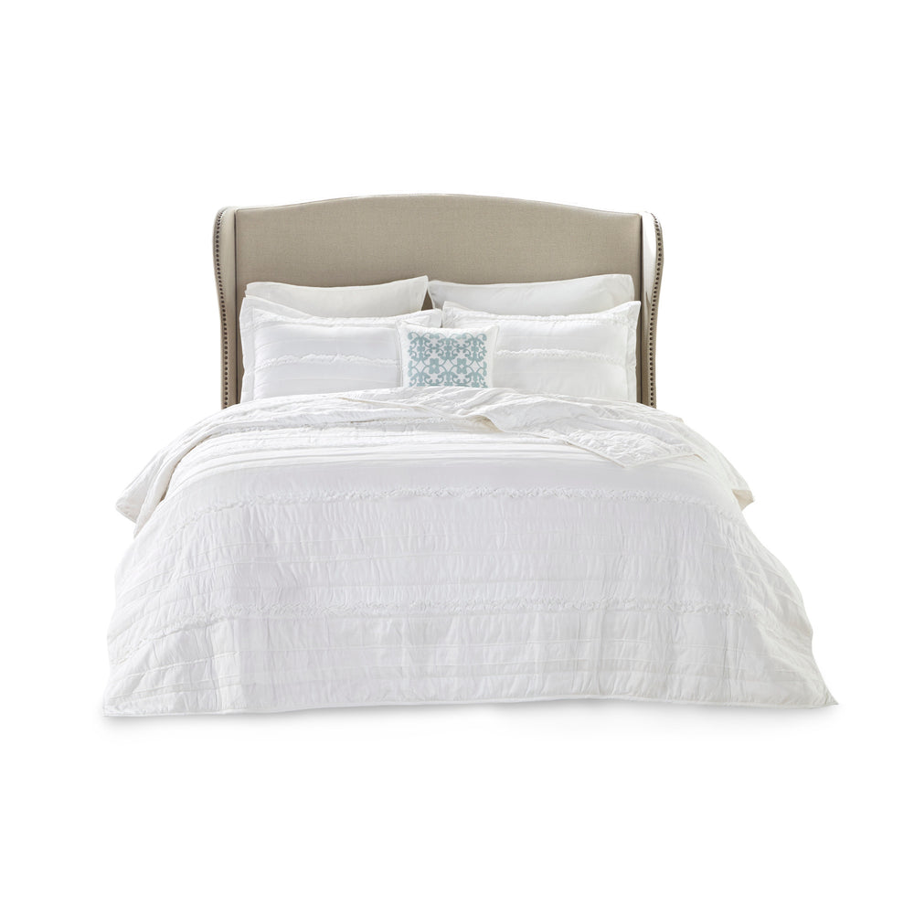 4 Piece   Reversible Ruffle Quilt Set with Throw Pillow White Full/Queen Media 10