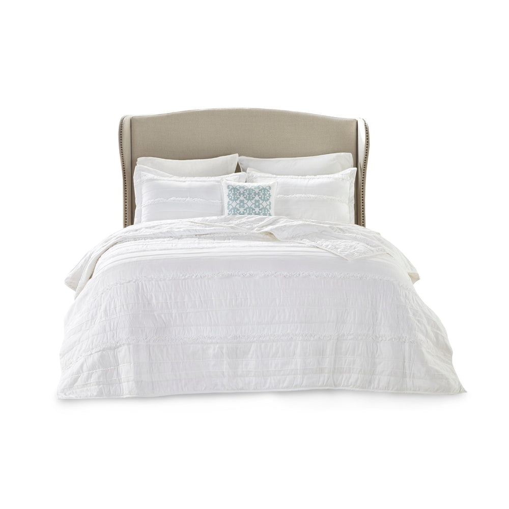 4 Piece   Reversible Ruffle Quilt Set with Throw Pillow White Full/Queen Media 10