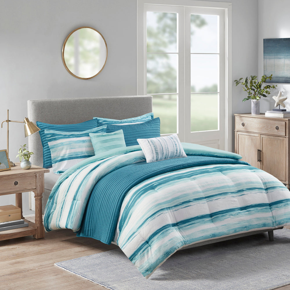 8 Piece Printed Seersucker Comforter and Quilt Set Collection Aqua King/Cal King Media 1