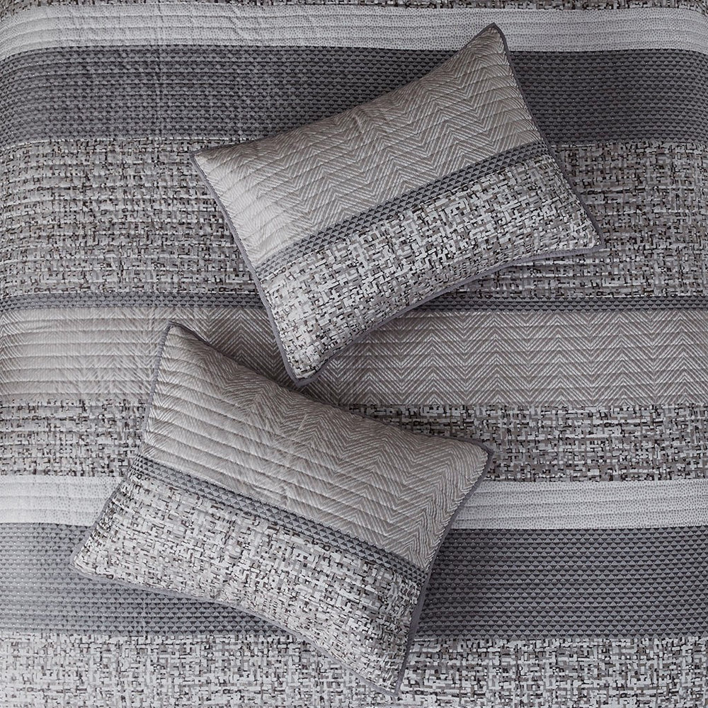 6 Piece Reversible Jacquard Quilt Set with Throw Pillows Grey/Taupe Full/Queen Media 10