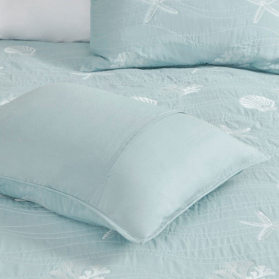 4 Piece Cotton Reversible Embroidered Quilt Set with Throw Pillow Aqua Full/Queen Media 10