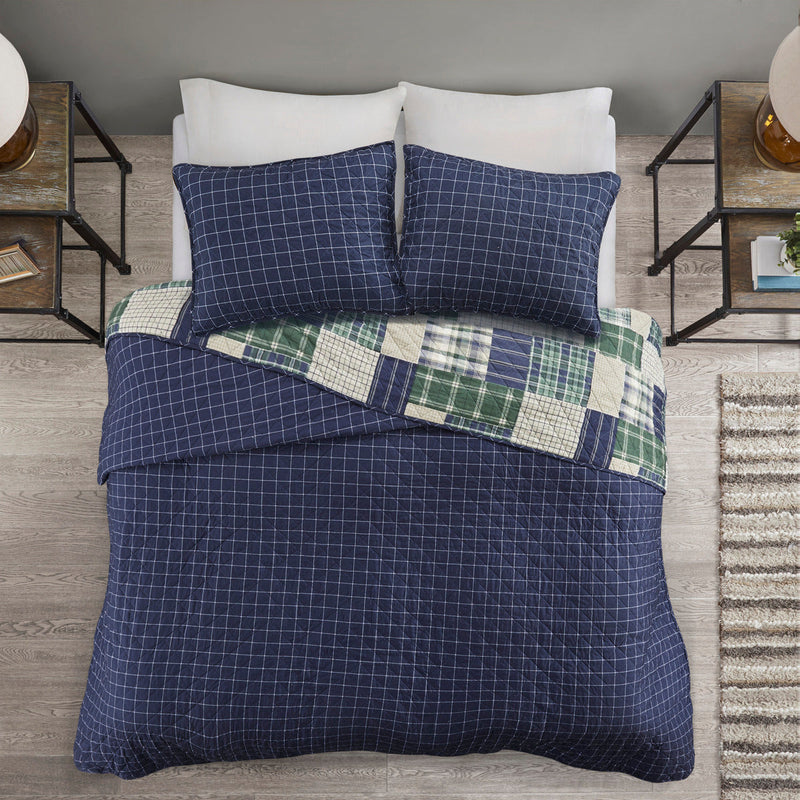 3 Piece Reversible Printed Quilt Set Green / Navy King/Cal King