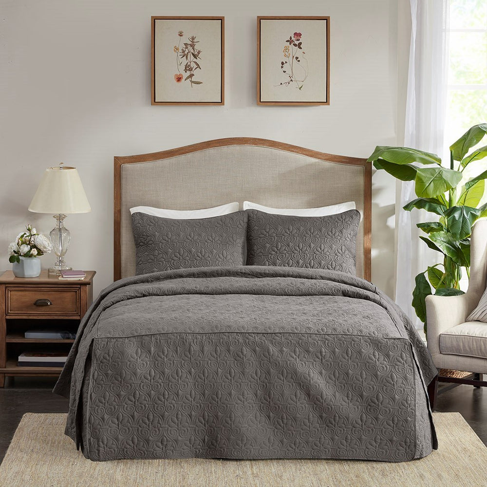 3 Piece Split Corner Pleated Quilted Bedspread Dark Grey Queen Media 9