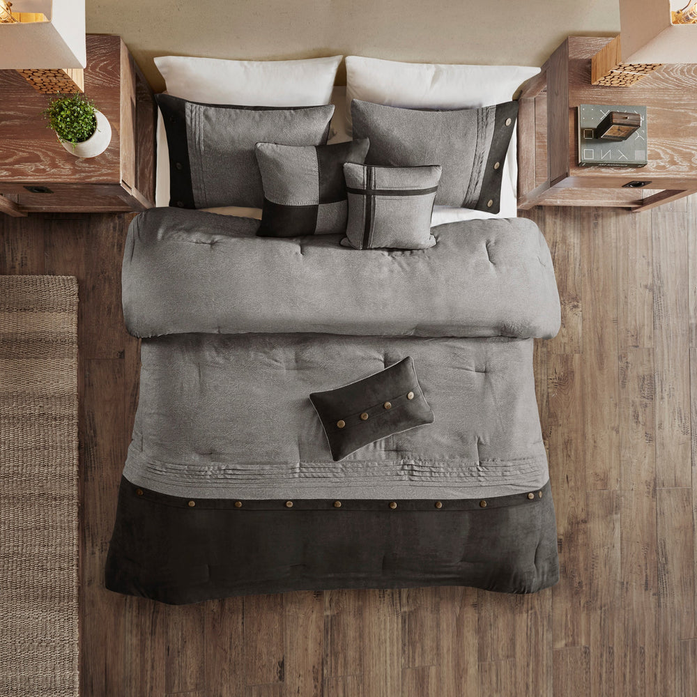 7 Piece Faux Suede Comforter Set Grey Queen Media 12