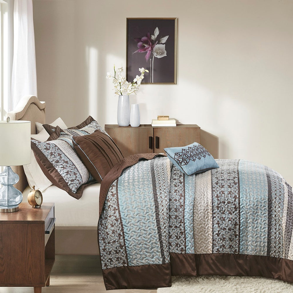 5 Piece Reversible Jacquard Bedspread Set Blue King Media 13