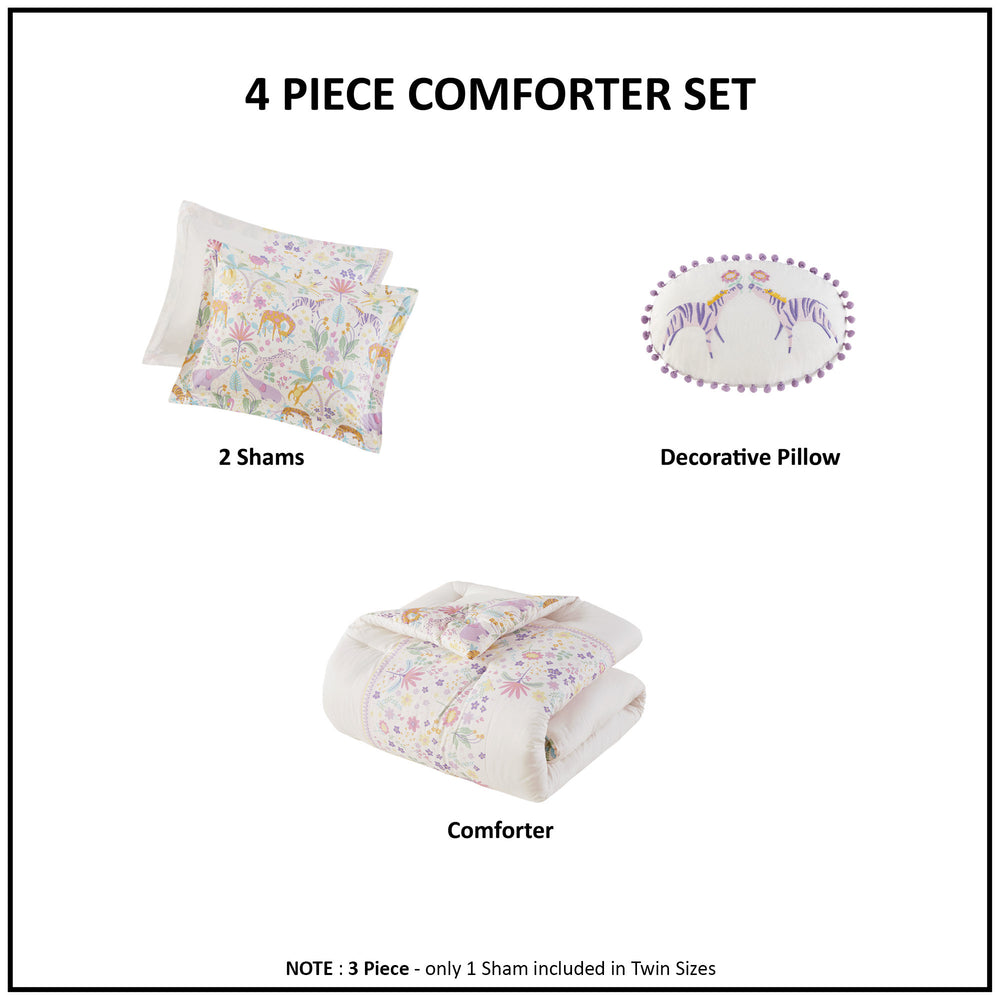 4 PCS Full/Queen Floral Reversible Cotton Comforter Set with Throw Pillow Purple Media 9