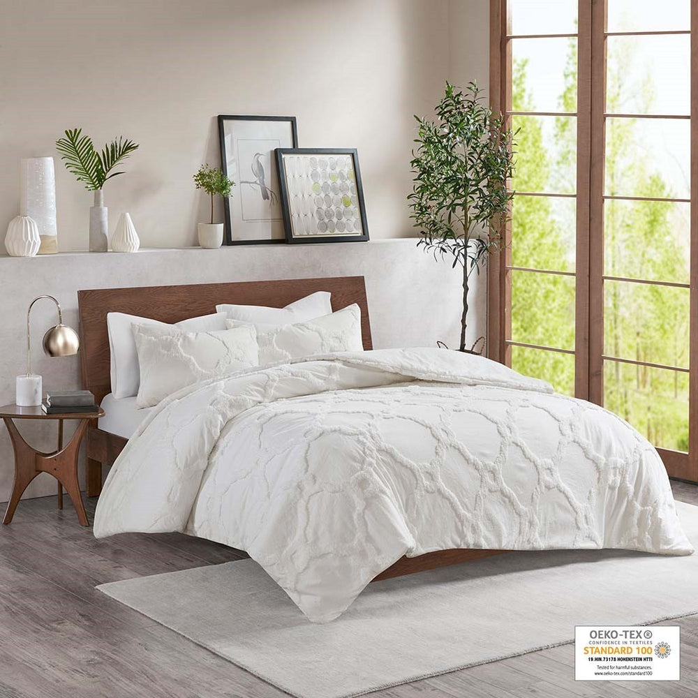 3 Piece Tufted Cotton Chenille Geometric Comforter Set Off-White Full/Queen Media 6