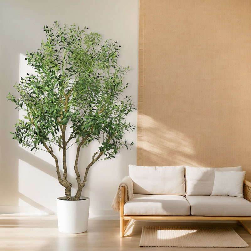 8FT Tall Artificial Olive Tree - Large Faux Potted Tree with Natural Trunk and Lifelike Olive Leaves and Fruit, Elegant Indoor/Outdoor Decorative Plant for Living Room, Office or Entryway, 1 pc/set