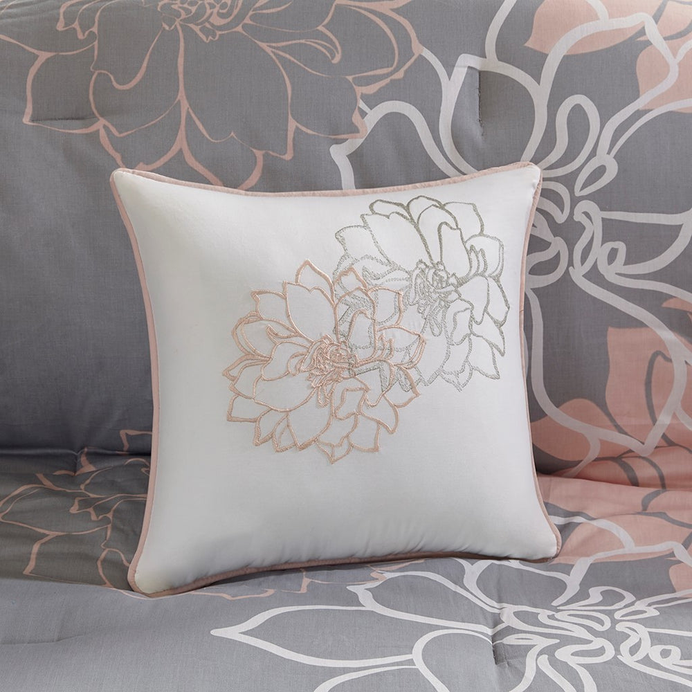 Printed Cotton Sateen Comforter Set Grey/Peach Queen Media 7