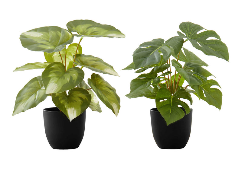 Artificial Plant, 13' Tall, Monstera Calthea, Indoor, Faux, Fake, Table, Greenery, Potted, Set Of 2, Decorative, Green Leaves, Black Pots