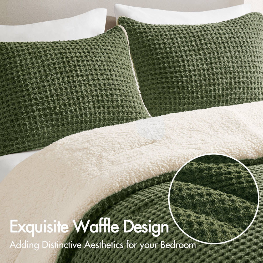 2 Pieces Twin Waffle Knit Chenille Comforter Set,Olive Media 6