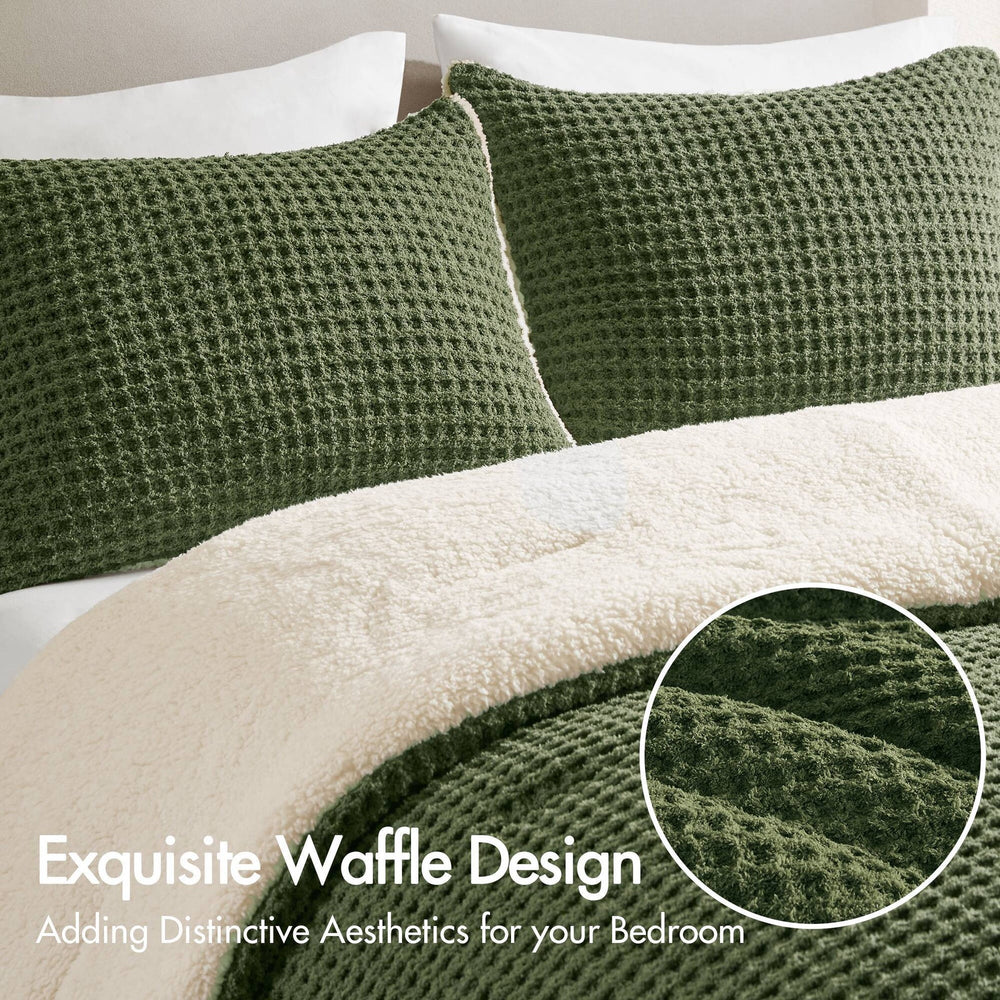 3 Pieces King/Cal King Waffle Knit Chenille Comforter Set,Olive Media 5