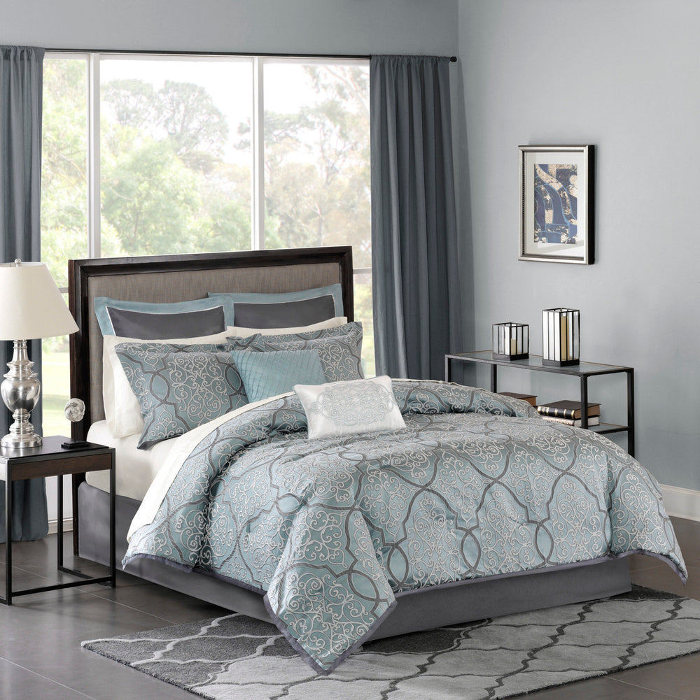 12 Piece Comforter Set with Cotton Bed Sheets Blue Queen Media 1