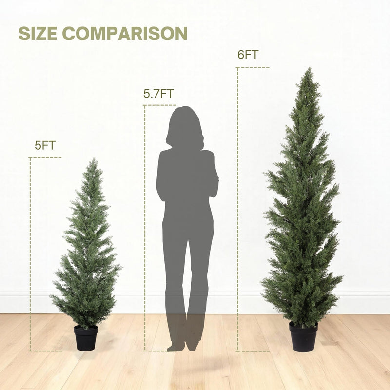 Realistic Artificial Cypress Tree in Black Plastic Pot, UV Resistant Green Fabric Leaves, 60-Inch Indoor Outdoor Topiary Plant for Garden or Entryway Decoration
