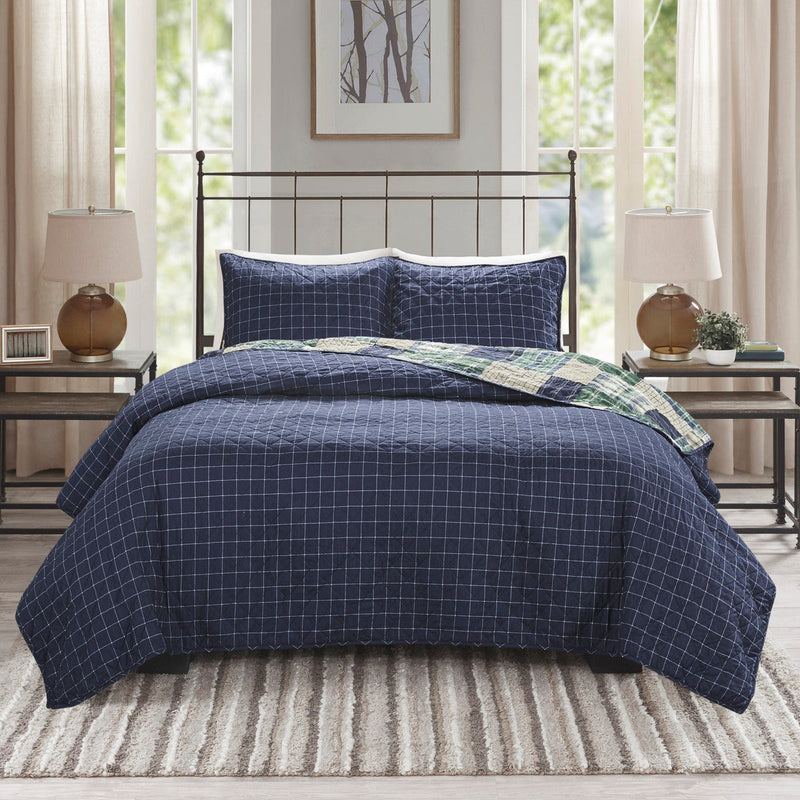 3 Piece Reversible Printed Quilt Set Green / Navy King/Cal King