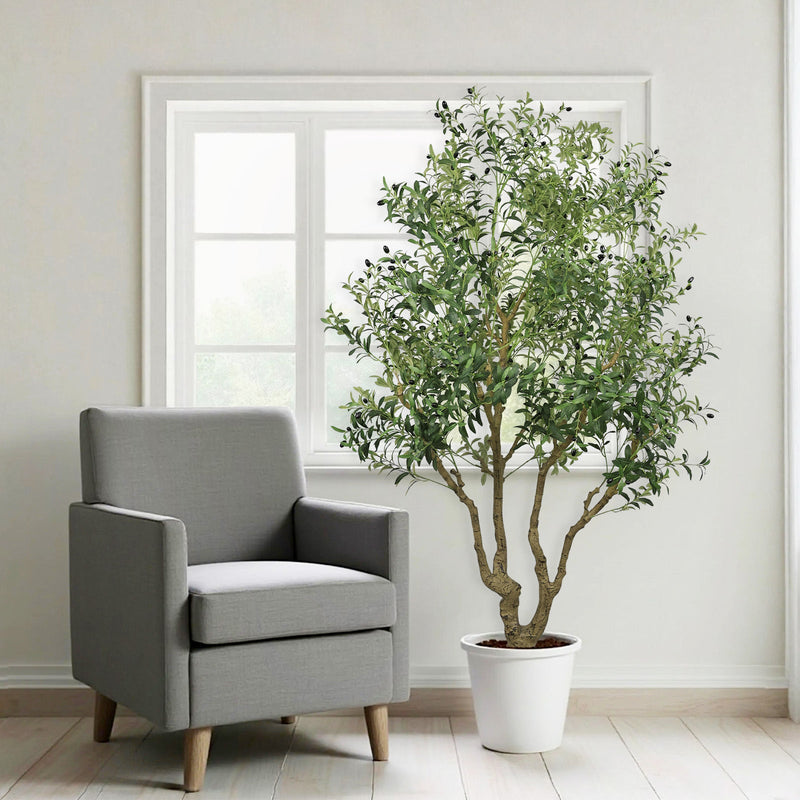8FT Tall Artificial Olive Tree - Large Faux Potted Tree with Natural Trunk and Lifelike Olive Leaves and Fruit, Elegant Indoor/Outdoor Decorative Plant for Living Room, Office or Entryway, 1 pc/set