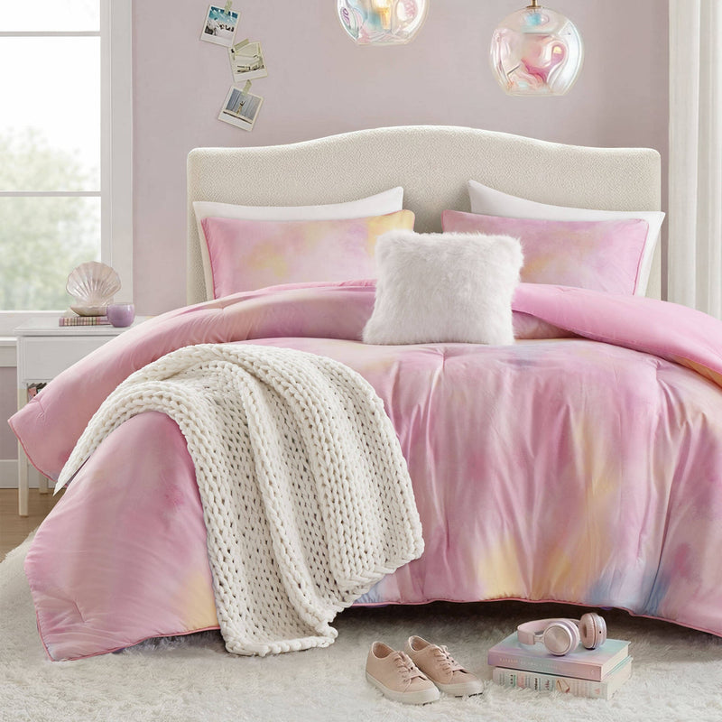 4 Pieces Full/Queen Watercolor Tie Dye Printed Comforter Set with Throw Pillow,Pink