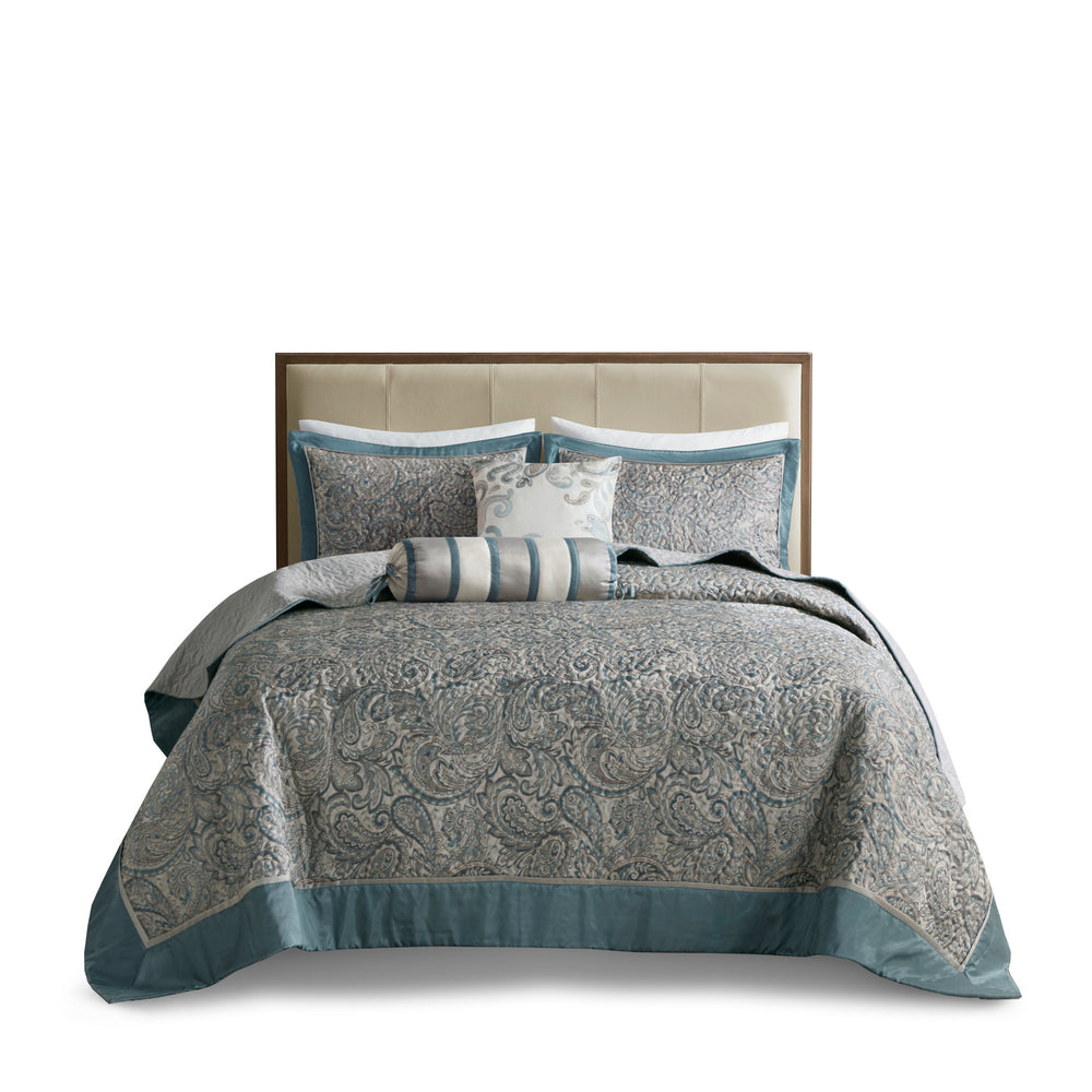 5 Piece Jacquard Bedspread Set with Throw Pillows Teal Queen Media 13